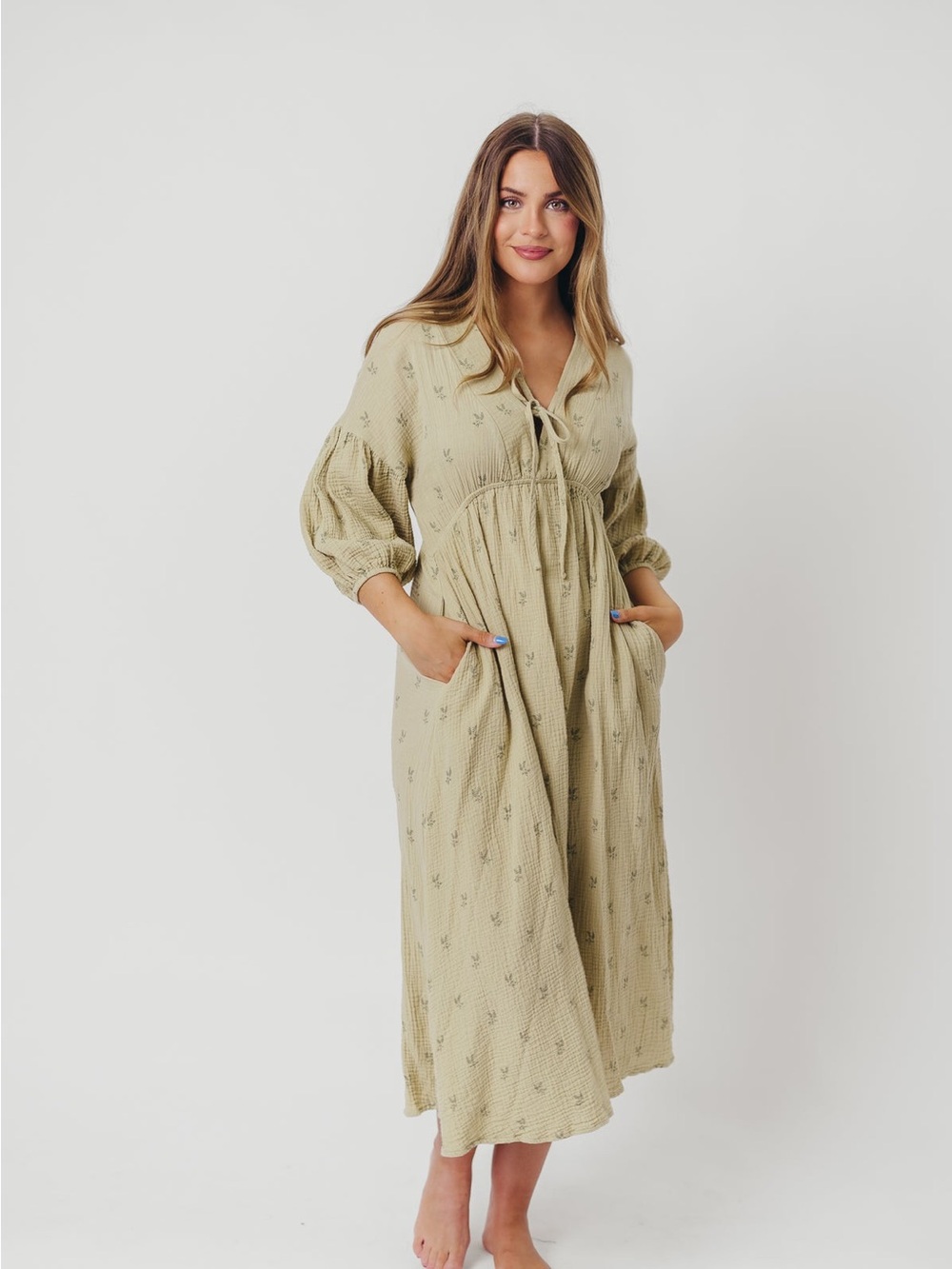 Worth Collective 100% Cotton Gauze Hunter Dress in Thyme/Sage Foliage size XS